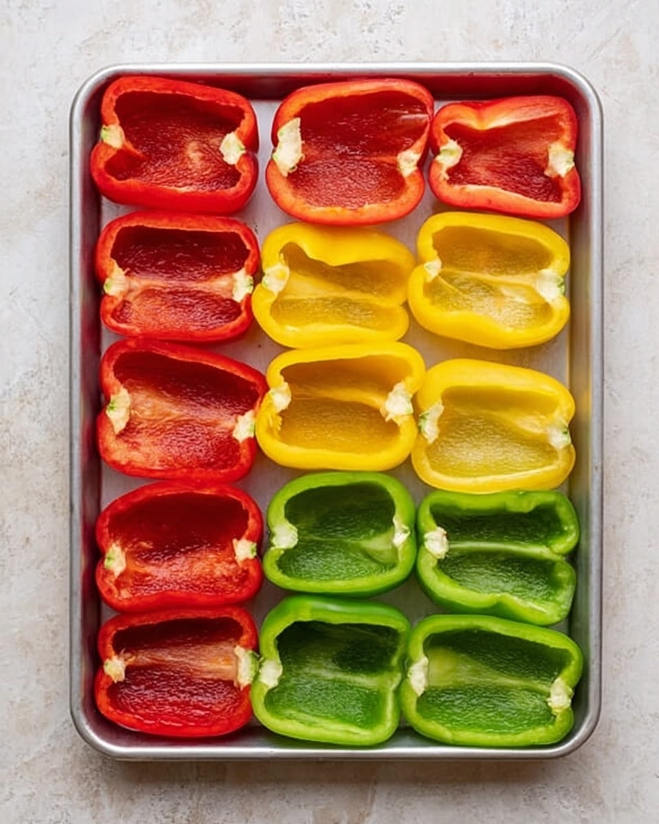 The image shows a metal baking tray filled with three rows of bell pepper halves placed on a white marbled surface. The top row has seven red bell pepper halves with smooth, shiny red skins and visible seeds inside. The middle row has six yellow bell pepper halves with a bright, glossy yellow color and smooth texture inside. The bottom row has seven green bell pepper halves, also shiny and fresh-looking inside. All the pepper halves are hollow and neatly arranged in straight lines on the tray. photo taken with an iphone --ar 4:5 --v 7