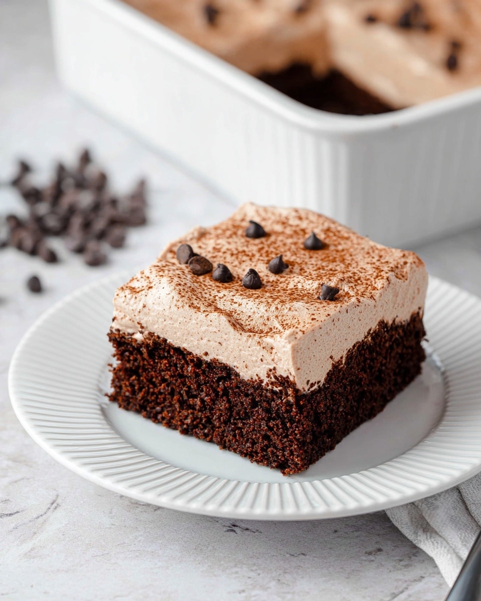 A square piece of chocolate cake with two layers is placed on a white plate with ridged edges. The bottom layer is dark and moist-looking chocolate cake, while the top layer is light brown frosting, smooth and thick, dusted lightly with cocoa powder. Small dark chocolate chips are scattered on top of the frosting. In the background, there is a white baking dish filled with the same chocolate cake and frosting, and some chocolate chips are spilling out beside the plate. The surface beneath is a white marbled texture photo taken with an iphone --ar 4:5 --v 7
