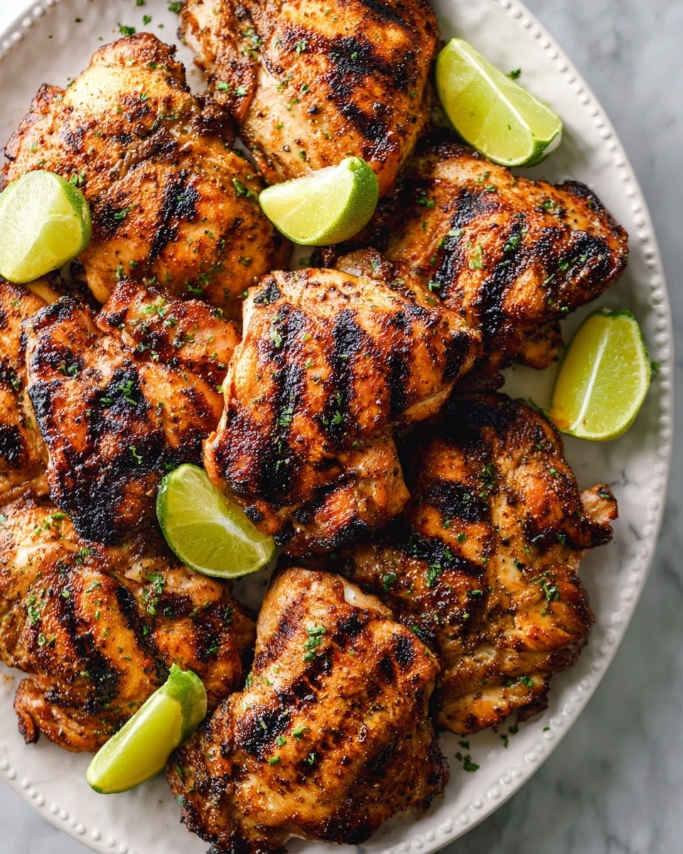 The image shows a white plate full of grilled chicken thighs layered closely together. The chicken has a golden-brown color with dark grill marks and slightly charred edges on top, showing a seasoned and crispy texture. Scattered small green herb bits add freshness and color contrast on the chicken. There are bright green lime slices placed between some chicken pieces around the edge of the plate. The plate is set on a white marbled surface. photo taken with an iphone --ar 4:5 --v 7