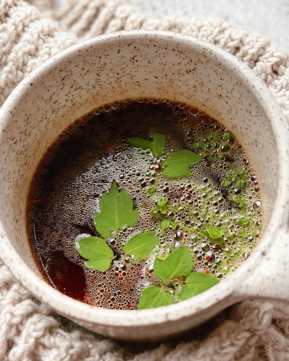 A close-up view inside a light-colored speckled pot shows a dark brown liquid with many small bubbles covering the surface. Floating on top of the liquid are several bright green fresh leaves, and some tiny green herbs are scattered around the bottom. The pot is placed on a chunky off-white knitted mat, all set against a white marbled background. photo taken with an iphone --ar 4:5 --v 7
