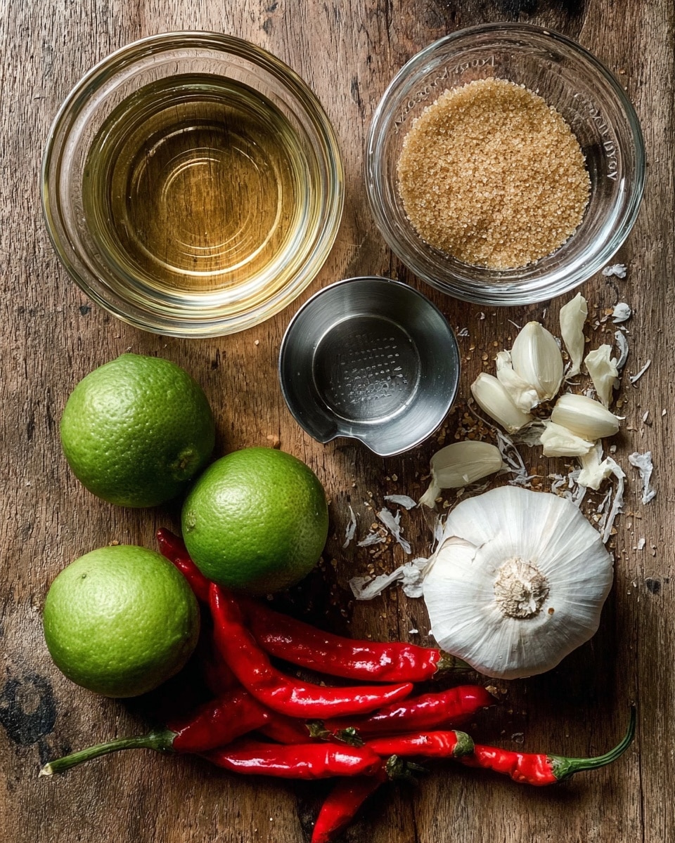 The image shows several ingredients arranged on a wooden surface. There are three clear glass bowls containing a golden liquid, water, and coarse brown sugar, placed in a loose cluster near the top. Below these bowls, a small metal measuring cup holds another clear liquid. To the right side, a whole garlic bulb sits with some scattered garlic cloves and skin pieces around it. On the bottom left, two bright green limes rest close to each other, with a group of red chili peppers lying below the limes, pointing diagonally across the frame. The composition is simple and natural. photo taken with an iphone --ar 4:5 --v 7