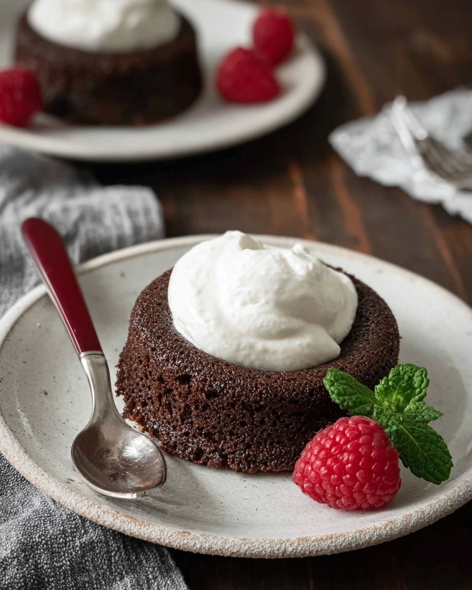 A small, round chocolate cake sits in the middle of a white plate with a rough texture on the edges. The cake is dark brown, slightly porous, and topped with a dollop of smooth white cream placed at the center. To the right of the cake, there are two fresh red raspberries with a green mint leaf, adding a bright touch of color. A silver spoon with a red handle rests on the left side of the plate. The plate is set on a dark wooden surface with a blurred second plate with a similar dessert in the background. Photo taken with an iphone --ar 4:5 --v 7