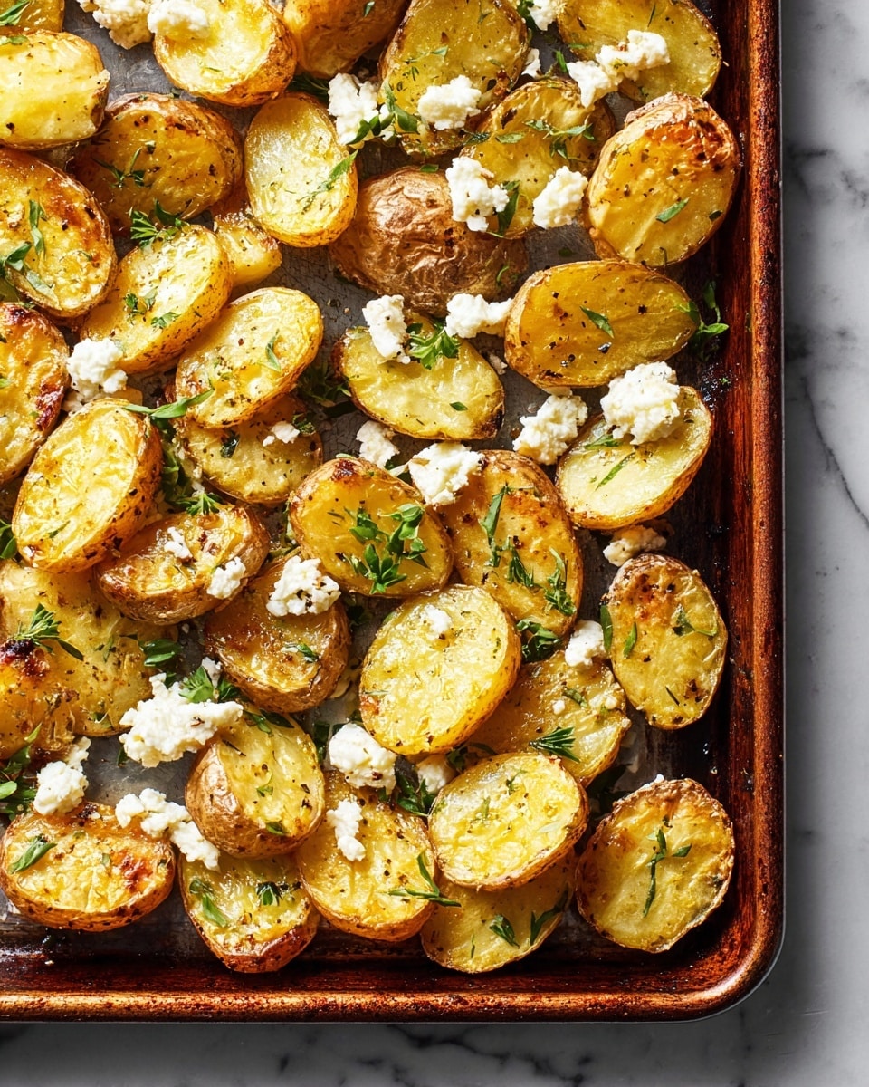 This image shows a tray filled with golden roasted potato halves layered evenly, their skins lightly browned and textured. Scattered among the potatoes are small white clumps of soft cheese, adding a creamy contrast to the crispy potatoes. Fresh green herbs are sprinkled on top, adding specks of vibrant color and a touch of freshness. The tray rests on a white marbled surface, highlighting the warm colors of the food. photo taken with an iphone --ar 4:5 --v 7