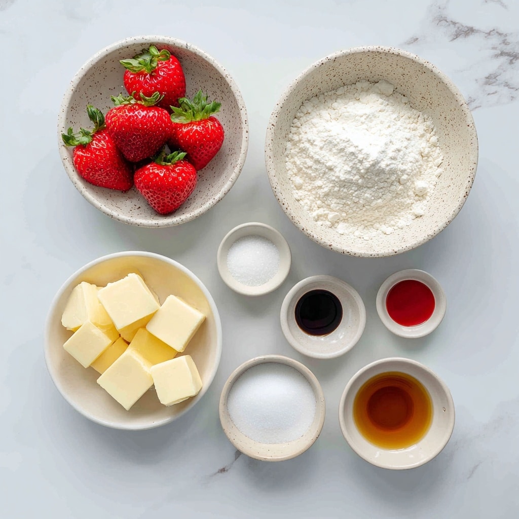 A top-down view of several small white bowls and a larger white speckled bowl on a white marbled surface, each holding a different baking ingredient: one bowl with bright red strawberries with green leaves, another with white sugar, a larger bowl full of white flour, a bowl with yellow vegan butter cubes, and smaller bowls containing white baking soda, dark pink food coloring, and light brown vanilla extract. Each bowl is neatly arranged with clear separation between them photo taken with an iphone --ar 4:5 --v 7
