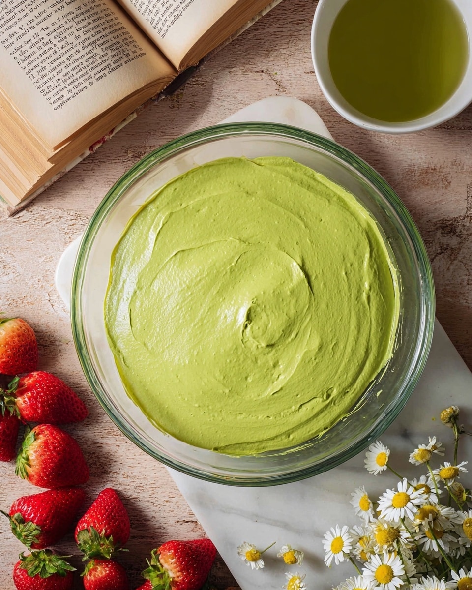 A clear glass bowl filled with a smooth, thick layer of bright green creamy mixture that covers the bowl evenly. The bowl sits on a white marbled surface with light brown wooden tones partially visible. To the left and bottom left of the bowl, there are red strawberries with green leaves, some whole and some sliced in half, lying on an open book with yellowed pages. To the right, a white cup with green liquid inside is partially visible next to small white and yellow chamomile flowers scattered around. The photo taken with an iphone --ar 4:5 --v 7
