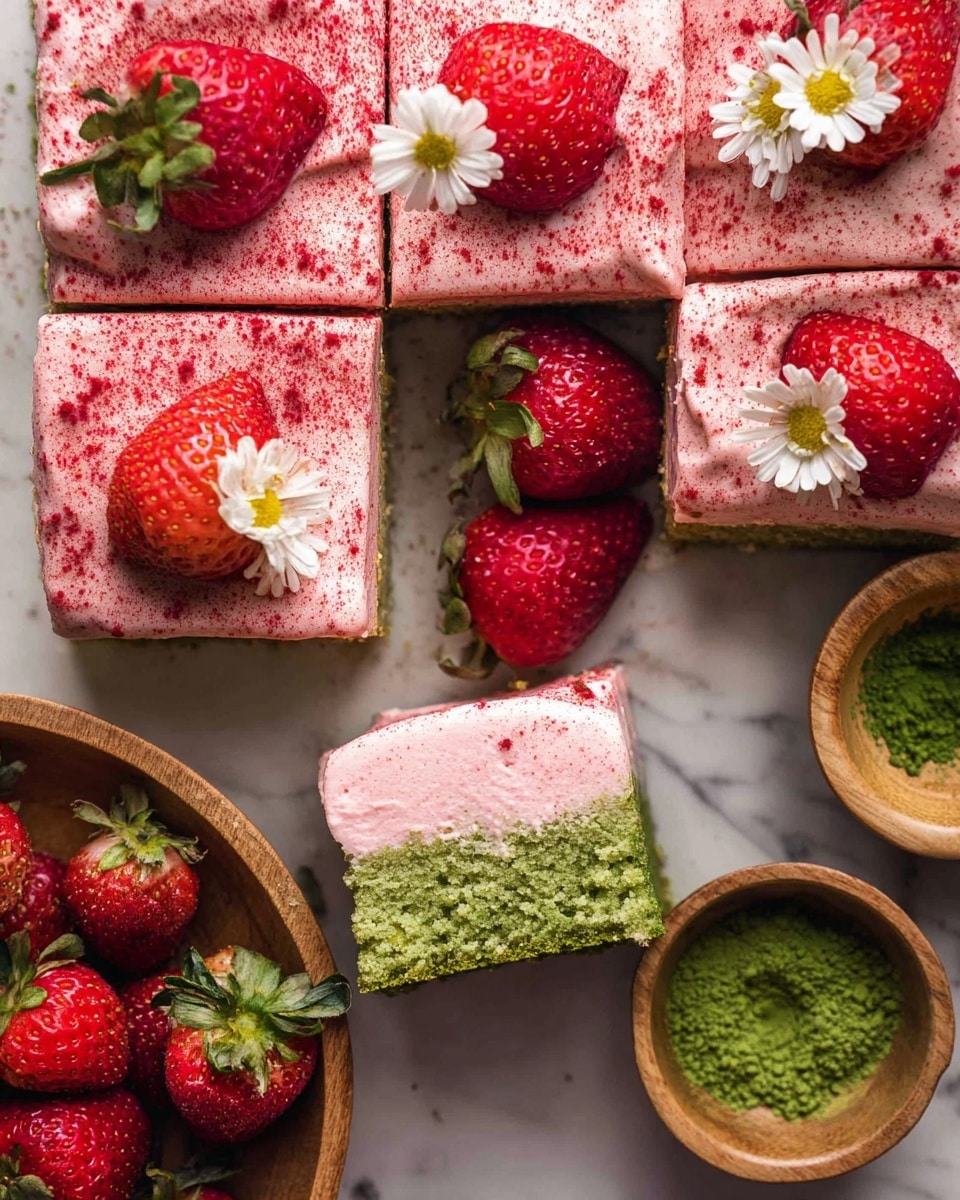 A close-up view of a dessert cut into square pieces, each with two layers: a bottom green cake layer with a soft, spongy texture, topped with a thick, smooth layer of pink frosting sprinkled with fine red powder. Some squares are decorated with whole fresh strawberries and small white flowers with yellow centers. One piece is slightly pulled away to show the thickness and texture of the layers. Around the dessert, there are whole strawberries in a wooden bowl and a small wooden bowl filled with green powder, all placed on a white marbled surface. Photo taken with an iphone --ar 4:5 --v 7