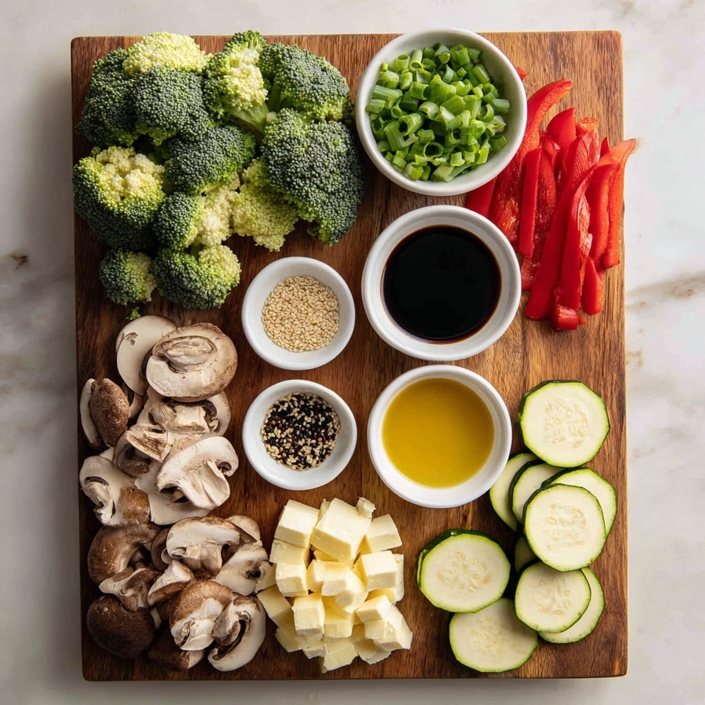A wooden board holds various fresh ingredients arranged neatly in layers and groups. On the top left are bright green broccoli florets with rough texture, next to them are small piles of chopped green onions with a smooth, round shape. To the bottom left are sliced mushrooms with light tan skin and dark brown gills, followed by long, thin, bright red pepper strips. In the center, three small white dishes hold sesame seeds (pale beige seeds with rough texture), toasted sesame oil (golden-yellow liquid), and dark soy sauce. On the right, there are pale yellow butter cubes, a small bowl with minced garlic, bright green slices of zucchini with light green skin, and irregular white chunks of onion with a shiny texture. The wooden board sits on a white marbled surface. photo taken with an iphone --ar 4:5 --v 7