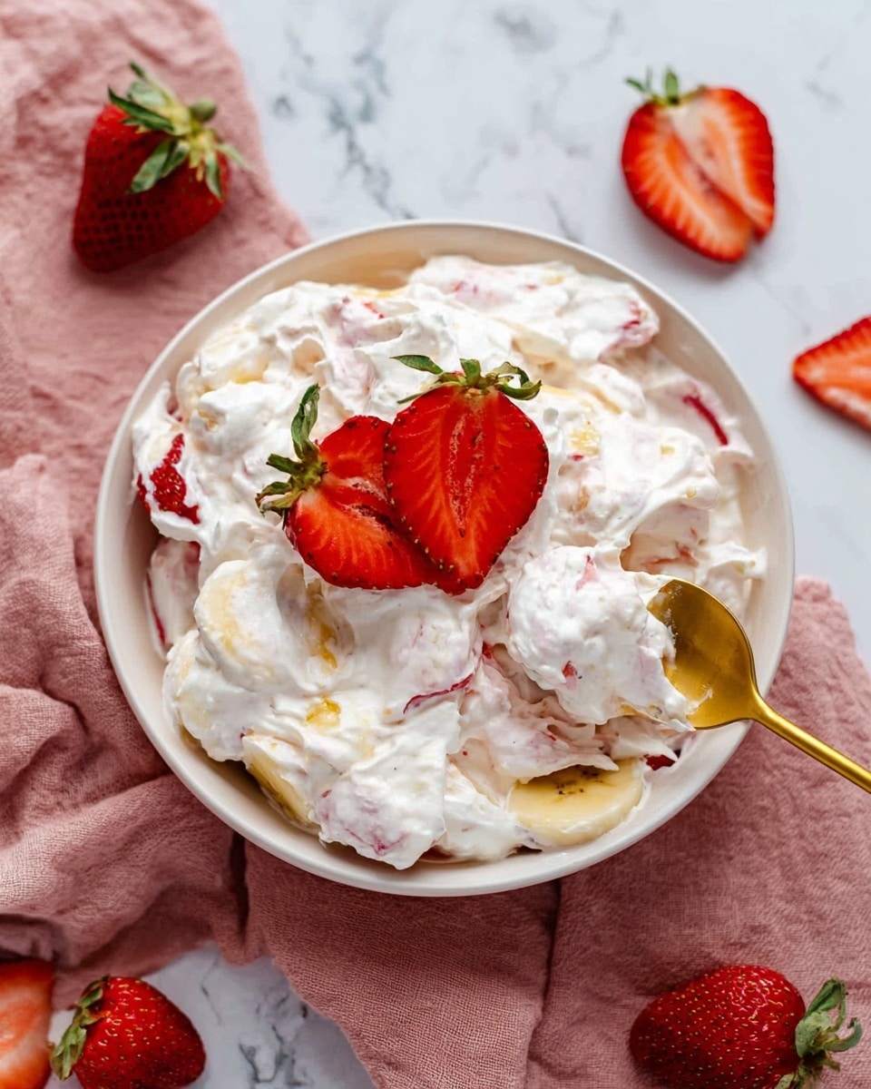 A bowl of creamy white whipped mixture with visible pieces of red strawberries and light yellow banana slices mixed throughout. On top, there is a fanned sliced red strawberry with green leaves. A golden spoon is dipped into the mixture, lifting some of it. The bowl is white and placed on a soft pink cloth on a white marbled surface. Some whole and sliced strawberries are scattered around the bowl. photo taken with an iphone --ar 4:5 --v 7