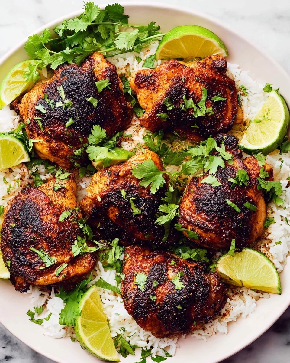 A white plate holds seven browned, seasoned chicken pieces with a dark crust on top, scattered with green cilantro leaves. The chicken rests on a bed of fluffy white rice, and lime wedges with bright yellow-green slices are placed around the chicken. The white marbled surface under the plate adds light texture to the scene. Photo taken with an iphone --ar 4:5 --v 7