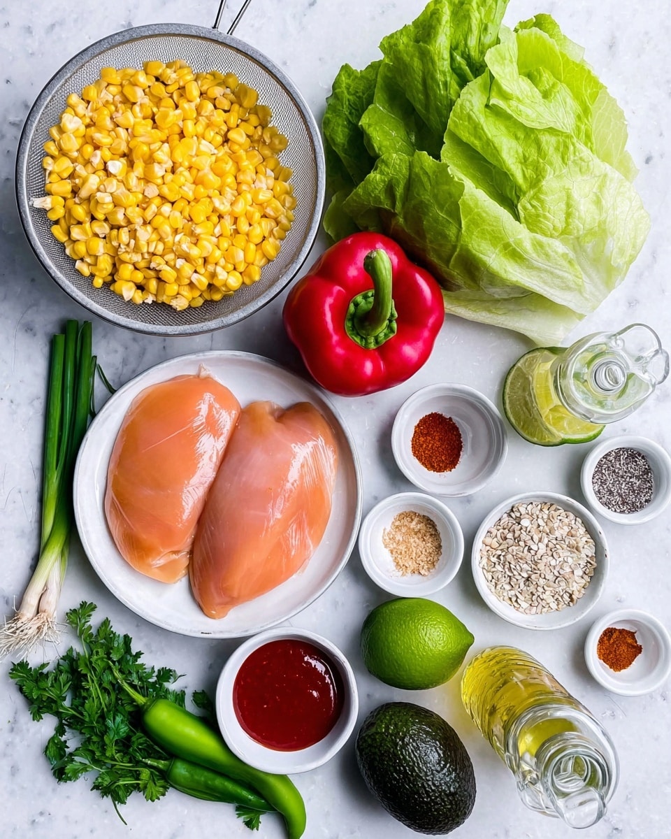The image shows fresh ingredients arranged on a white marbled surface, including a white colander filled with bright yellow corn kernels at the top left, and next to it a whole red bell pepper. Below the corn, there is a green romaine lettuce head with long green spring onions nearby. Towards the bottom center, a white bowl holds three smooth, shiny raw chicken fillets with a pinkish-orange color. To the right of the bowl, there is a dark green avocado, two green limes, and a small white bowl with red sauce. Scattered around are small white bowls containing various spices with red, brown, and off-white powders, along with a small bowl of mixed seeds in the center and glass bottles of oil and vinegar at the right. Fresh garlic, parsley, and a green chili pepper are placed at the bottom. Photo taken with an iphone --ar 4:5 --v 7