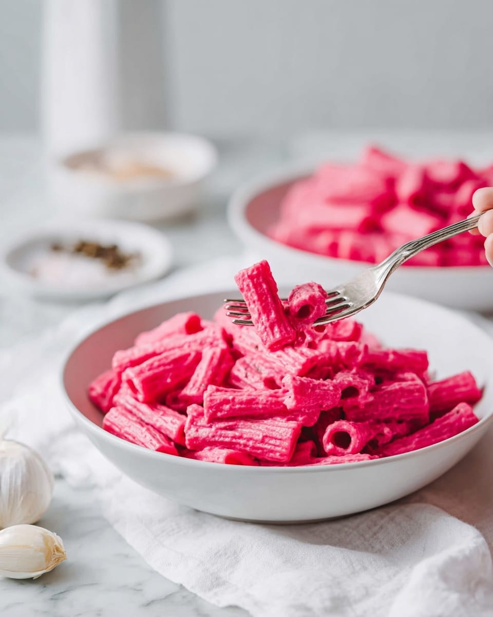 A white bowl filled with bright pink pasta coated in a creamy sauce, each pasta piece tubular and ridged, resting on a white marbled surface with a white cloth underneath. A silver fork held by a woman's hand lifts a small bundle of the pink pasta from the bowl, highlighting the creamy and smooth texture. In the background, a similar white bowl with more pink pasta sits slightly out of focus, along with small white dishes containing some spices and garlic cloves, set on the white marbled surface. photo taken with an iphone --ar 4:5 --v 7