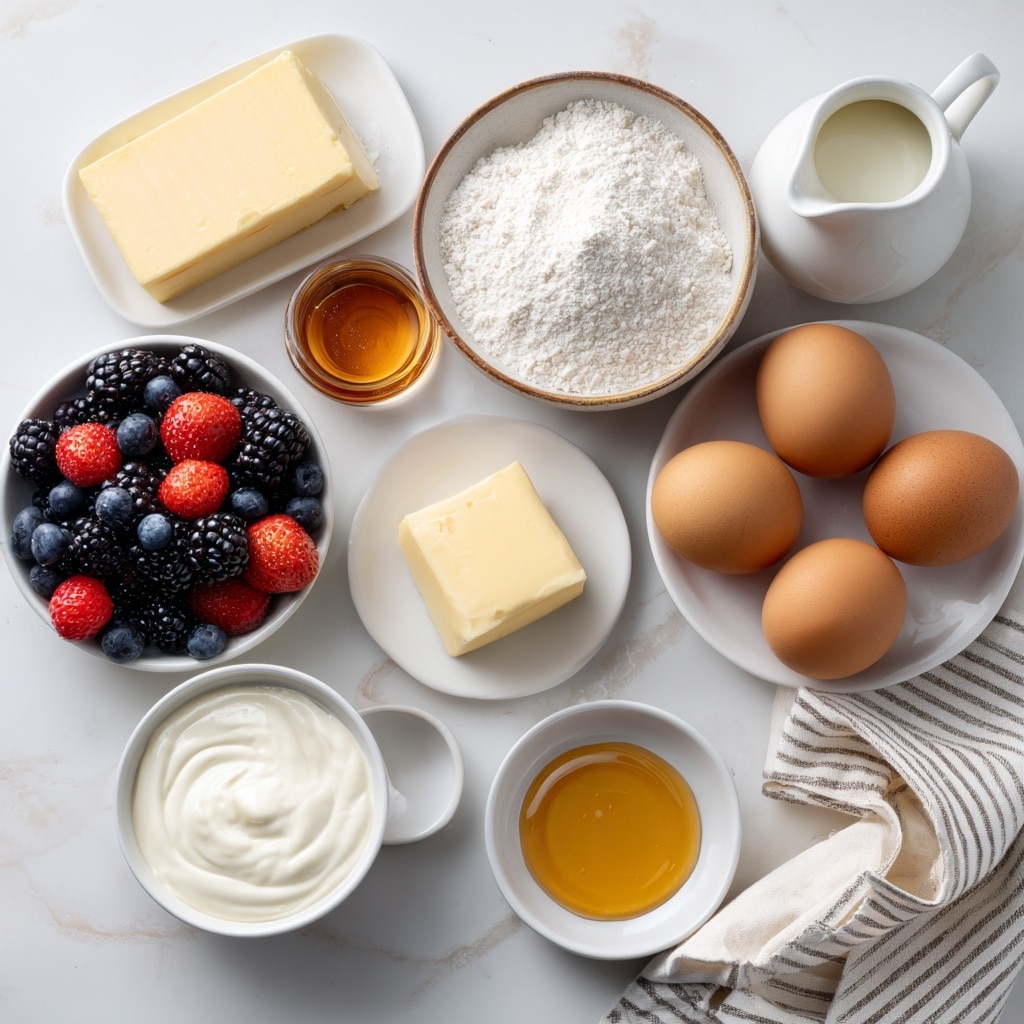 The image shows various baking ingredients on a light beige surface with a soft texture. At the center, there is a round bowl with three brown eggs. Above it, a small white bowl with white flour. To the right side, a small white pitcher with whole milk. At the top center, a tiny bowl with amber vanilla liquid. To the left of the eggs, a small white plate with a square piece of salted butter. Below the butter, a round plate with white salt. On the bottom left corner, a white bowl filled with thick cream. Next to that, a small bowl with golden honey. On the top left, a white bowl full of mixed berries like blackberries, blueberries, and sliced strawberries. A part of a striped cloth is visible on the right bottom corner. The whole setup is on a white marbled texture photo taken with an iphone --ar 4:5 --v 7