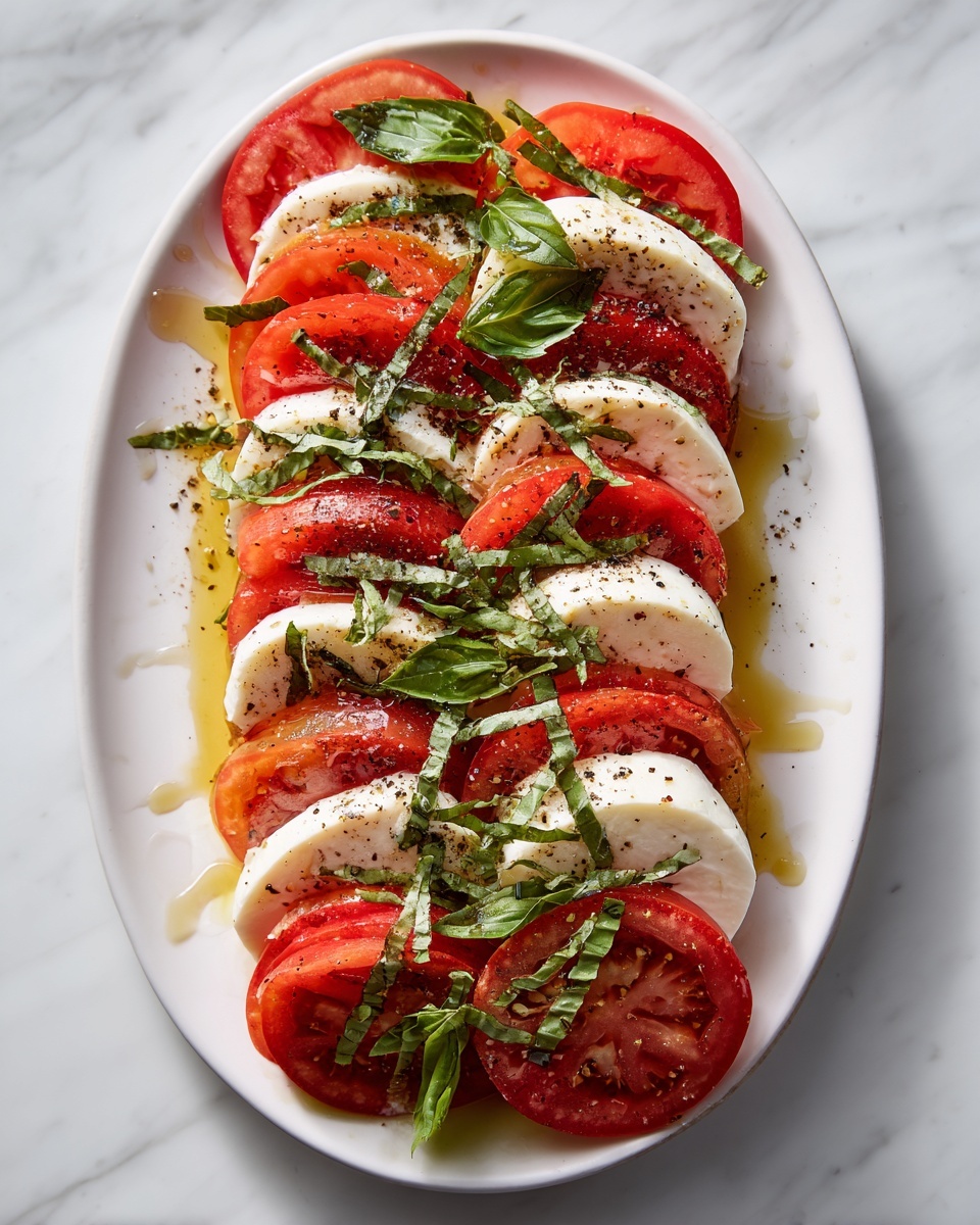 Two neat rows of alternating slices of bright red tomatoes and smooth white mozzarella cheese are arranged vertically on a white plate. Between each slice, fresh dark green basil leaves peek out, adding color contrast. The top of this layered arrangement is sprinkled with thinly sliced fresh basil, coarse black pepper, and a glossy drizzle of olive oil. The plate sits on a white marbled surface. photo taken with an iphone --ar 4:5 --v 7