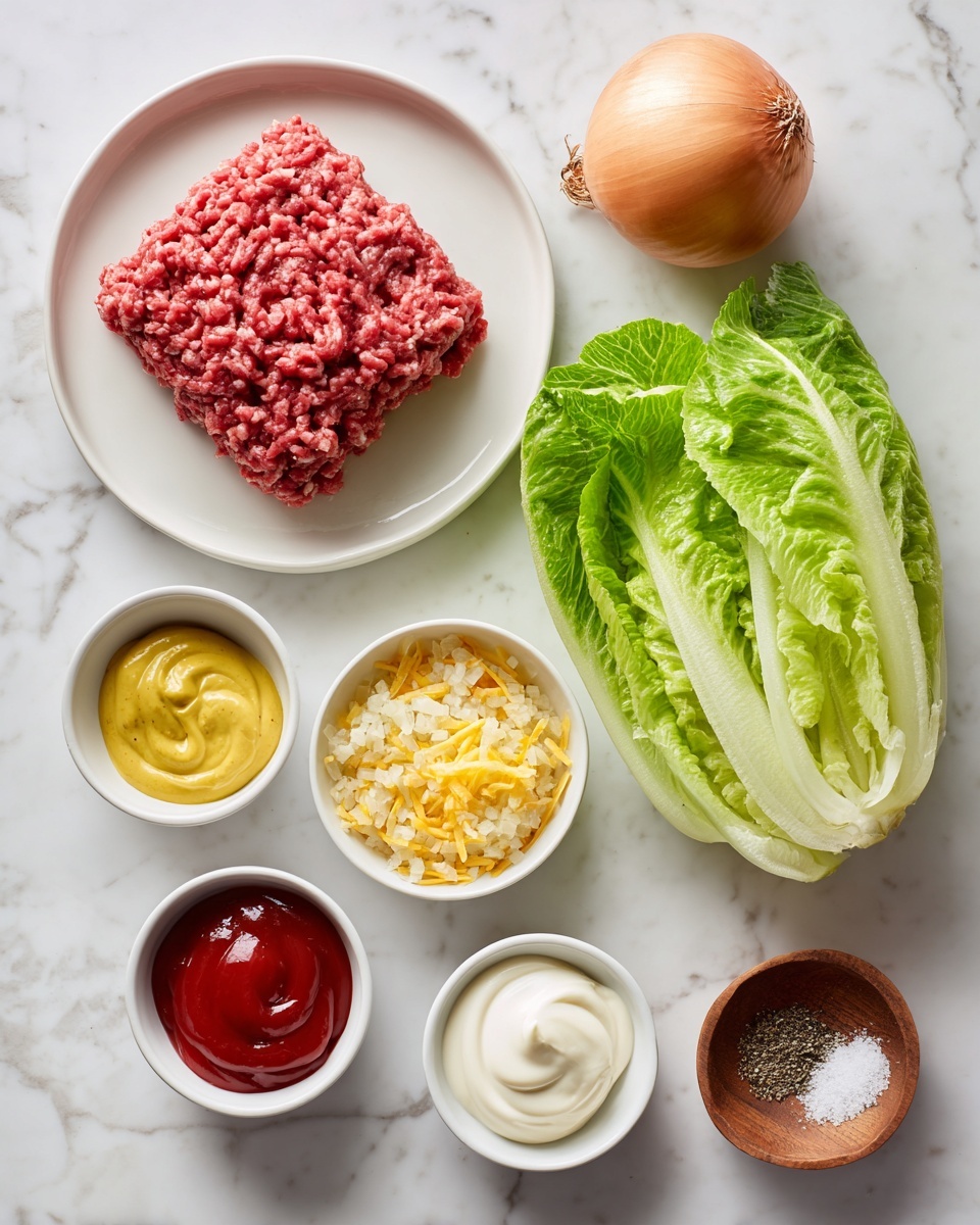 A white plate holds a square block of raw ground meat with a reddish color and a coarse texture, placed on the upper left. Below it on the white marbled surface is a fresh green romaine lettuce head with leafy layers showing varied shades of green. To the right side of the meat are five small white bowls arranged downwards: the top bowl has yellow mustard sauce with a smooth texture, below it is finely chopped onions in a light brown oily liquid, then shredded yellow cheese, followed by a vibrant red ketchup, and at the bottom is a bowl of thick white mayonnaise. Near the bottom right corner is a small wooden dish holding white salt and black pepper. A whole light brown onion with smooth outer skin rests on the upper right corner. All items are spaced evenly on a white marbled background. Photo taken with an iphone --ar 4:5 --v 7