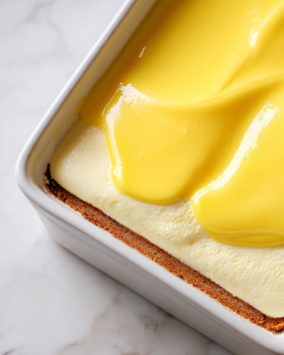 The image shows a close-up of a two-layer dessert in a white rectangular dish on a white marbled surface. The bottom layer is a browned, textured cake layer with visible edges around the dish. The top layer is a smooth, glossy bright yellow custard or cream that covers most of the cake, with some parts of the cake visible near the top. The custard has a slightly wavy surface with highlights and shows a rich, creamy texture. Photo taken with an iphone --ar 4:5 --v 7