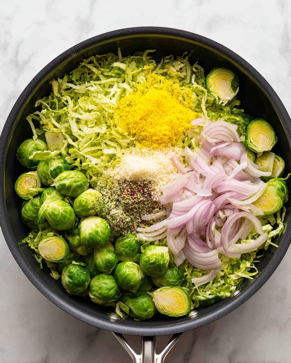 In a black pan placed on a white marbled surface, there are three main layers visible: the bottom layer consists of bright green Brussels sprouts that are halved and mixed with shredded leafy parts, the middle layer shows thin pale purple slices of shallots scattered evenly, and the top layer includes a small pile of grated yellow lemon zest and a heap of finely minced garlic with a few granules of white salt and black pepper nearby. photo taken with an iphone --ar 4:5 --v 7
