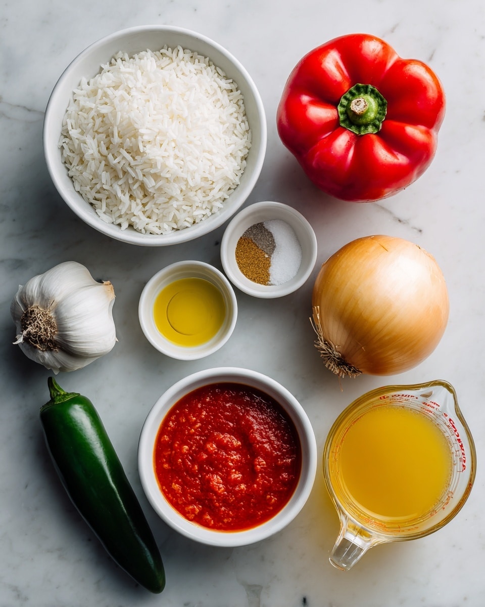 The image shows a white bowl filled with white rice at the top left. To the right are two small white bowls with salt and cumin powder. Below the rice bowl is a shiny red bell pepper. In the center is a small white bowl with olive oil, and next to it is a round yellow onion. Below the onion is a white bowl with bright red tomato sauce. On the bottom left, there is a green jalapeno pepper and a bulb of white garlic. At the bottom right, there is a clear glass measuring cup filled with yellow vegetable broth. All items sit on a white marbled surface. Photo taken with an iphone --ar 4:5 --v 7