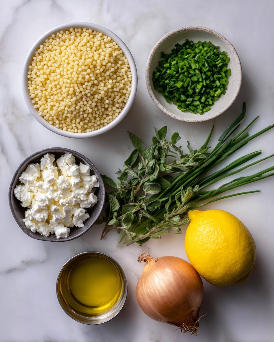 The image shows various fresh ingredients arranged on a white marbled surface. In the top left, there is a white cup filled with round, pale yellow Israeli couscous. To its right, there is a small white bowl with finely chopped bright green chives. Below that, a small dark bowl holds white, crumbly feta cheese. Next to the feta, there is a small bunch of fresh oregano with green leaves. Below these, there is a whole light brown shallot and to its right, a bright yellow lemon. At the bottom, there is a small metallic cup with golden olive oil. Each ingredient is spaced out neatly on the white marbled surface. photo taken with an iphone --ar 4:5 --v 7