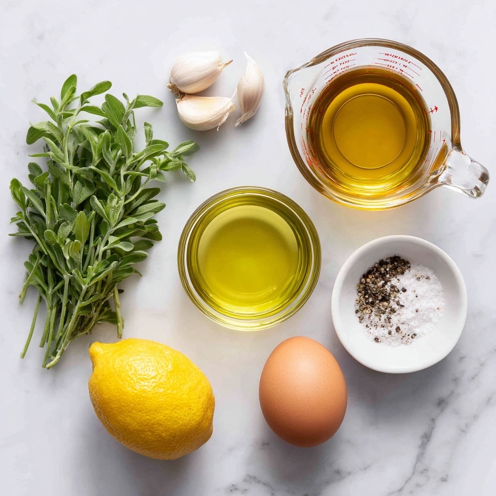 The image shows a flat lay of cooking ingredients arranged on a white marbled texture. At the top left is a single clove of pale garlic, next to it slightly to the right is a small bunch of fresh green tarragon leaves. To the right side is a clear glass measuring cup filled with light golden extra virgin olive oil, below it slightly left is another glass measuring cup filled with a lighter yellow canola oil. Near the cups is a bright yellow lemon positioned upright, to the right of the lemon is a brown egg with smooth texture, and below the egg is a small white bowl filled with white kosher salt mixed with black pepper. The text labels for each item are placed near them in dark green boxes with white text. Photo taken with an iphone --ar 4:5 --v 7