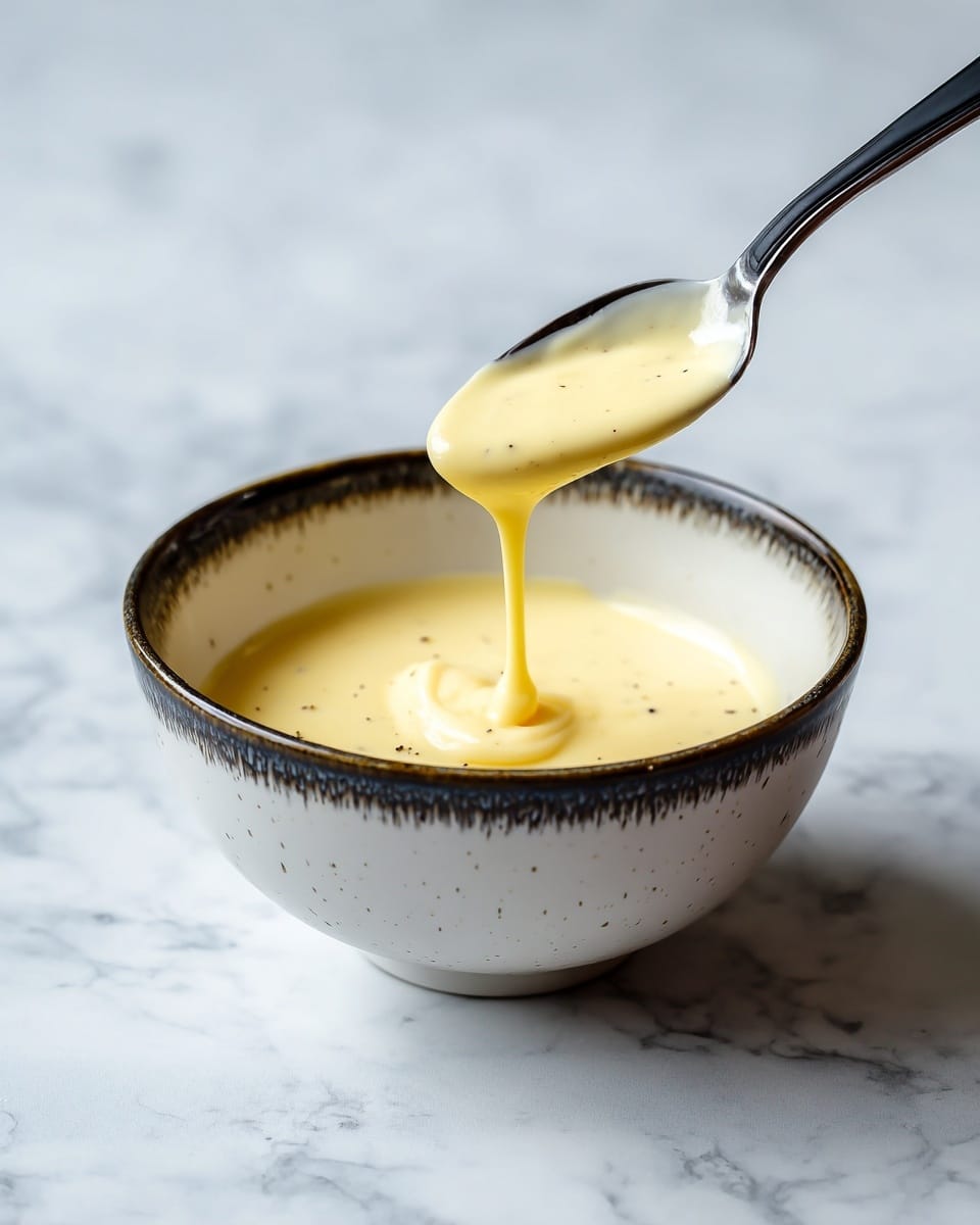 A white bowl with a dark, uneven rim holds a creamy, pale yellow sauce that looks smooth and thick. A spoon with a black handle lifts sauce from the bowl, showing it flowing slowly back into the bowl with a light drip. The bowl sits on a surface with a white marbled texture. Photo taken with an iphone --ar 4:5 --v 7
