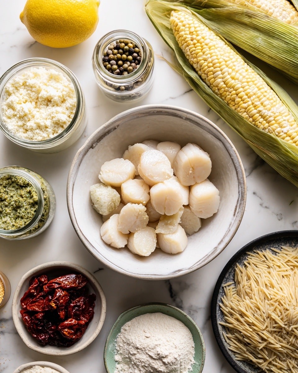 The image shows several cooking ingredients arranged on a white marbled surface. In the center, there is a white bowl with a silver rim filled with raw sea scallops that have a pale cream color and smooth texture. To the top right, there are two ears of corn with green husks still on. Below the bowl, there is a bag of orzo pasta with beige and light brown tones. Around these main ingredients, there are small green bowls with mascarpone cheese (creamy white), grated parmigiano reggiano cheese (off-white, fine texture), and sun-dried tomatoes (dark red with wrinkled texture). Nearby, there is a small circular dish with salt and pepper (white and black granules mixed). On the left side, two jars, one with capers (green spheres) and the other with pesto (dark green sauce), are placed next to a yellow lemon. In the lower part, a small black plate holds white cornstarch powder. The whole setup is neat and bright, with a clean and fresh look. photo taken with an iphone --ar 4:5 --v 7