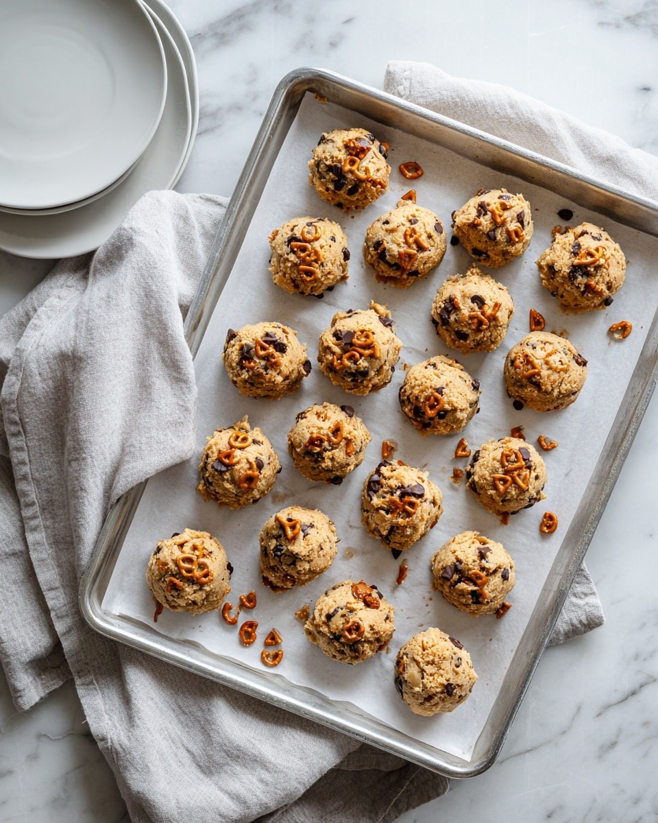 The image shows a baking tray lined with white parchment paper, filled with about twenty round scoops of cookie dough. Each scoop is light brown with visible dark chocolate chips mixed inside. Small pieces of pretzel, mostly broken, are stuck on top of many dough scoops, adding an orange-brown color and crunchy texture contrast. Some pretzel pieces are scattered around the dough on the parchment paper. The tray is placed on a white marbled surface, with a folded light grey cloth to the side and a white plate partially visible next to the tray. photo taken with an iphone --ar 4:5 --v 7