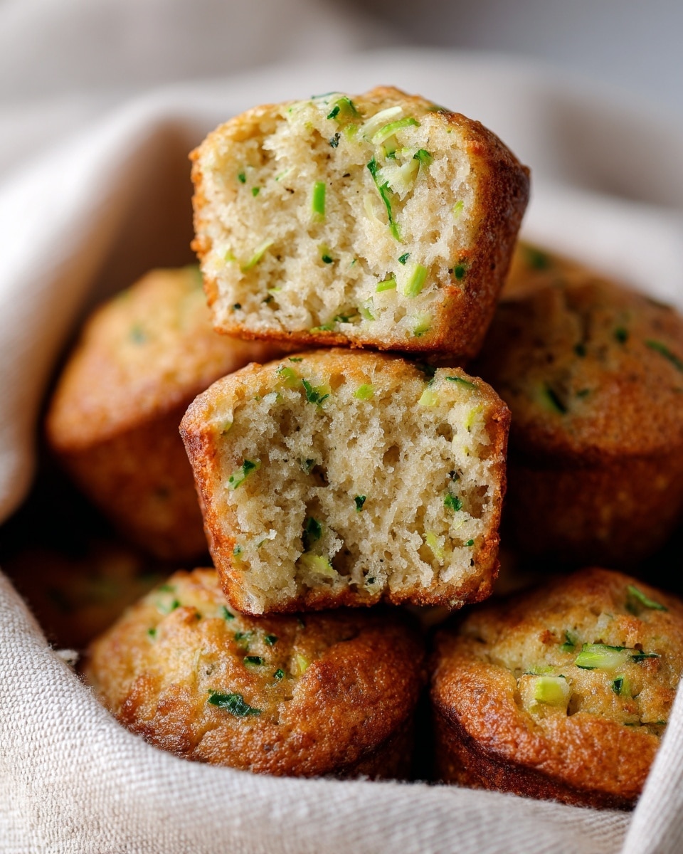 A pile of light brown mini muffins with bits of green vegetable visible throughout sits inside a soft beige cloth. Two muffins are cut in half and held upright at the center, showing a moist, airy inside texture with small green specks evenly spread in the soft cake. The muffin tops are rounded and lightly golden with small green vegetable shreds seen on the surface. The background is out of focus but shows part of the cloth holding the muffins. photo taken with an iphone --ar 4:5 --v 7
