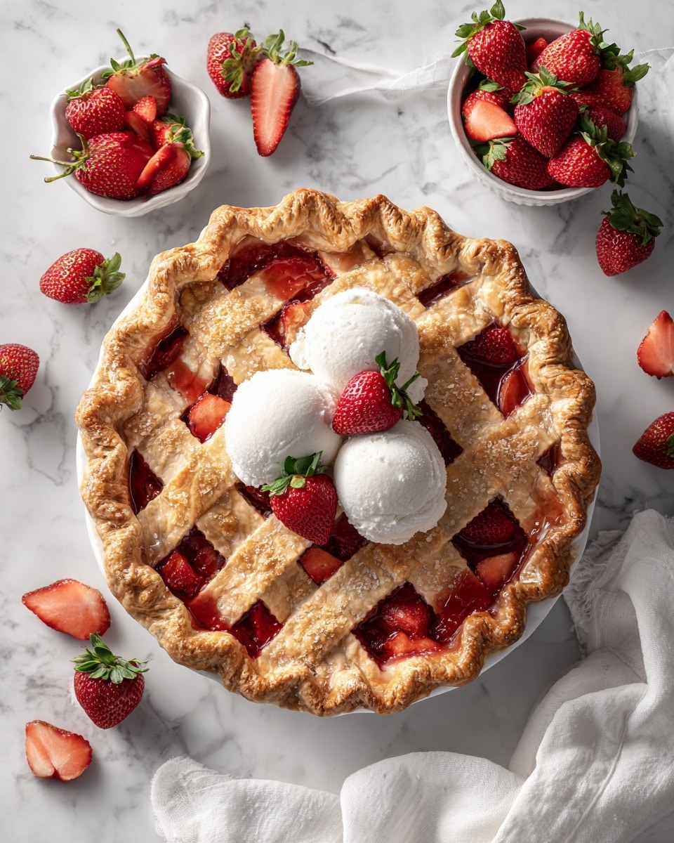 A golden-brown lattice pie with a woven top crust showing the red strawberry filling underneath, decorated with three bright red strawberries with green leaves on top, and three white ice cream scoops placed in the center of the pie. The pie is on a white plate placed on a white marbled surface with fresh whole and sliced strawberries around it. There is also a small white bowl filled with sliced strawberries and a white cup with whole strawberries behind it. A white cloth is draped to the right of the pie. Photo taken with an iphone --ar 4:5 --v 7