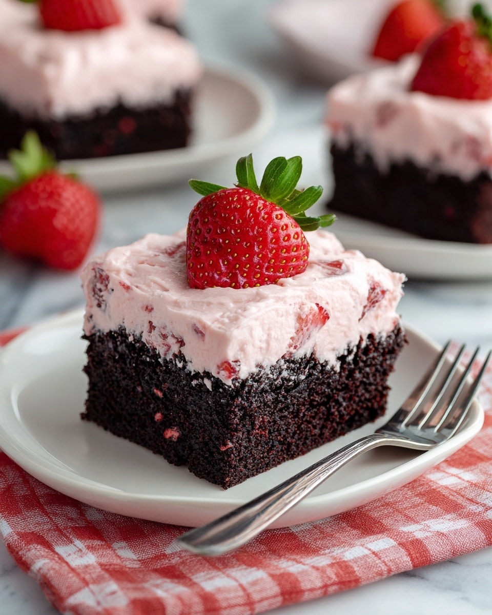 A square piece of chocolate cake sits on a white plate with a silver fork beside it. The cake has three layers: a thick, dark brown and slightly crumbly bottom layer, a smooth medium brown chocolate layer in the middle with a glossy texture, and a fluffy light pink cream layer on top that looks whipped and swirled with bits of red strawberry. A whole red strawberry with green leaves is placed at the top center of the cream layer. The plate rests on a white marbled surface with a red and white checkered cloth partially visible underneath. In the background, more pieces of the same cake are slightly out of focus. Photo taken with an iphone --ar 4:5 --v 7