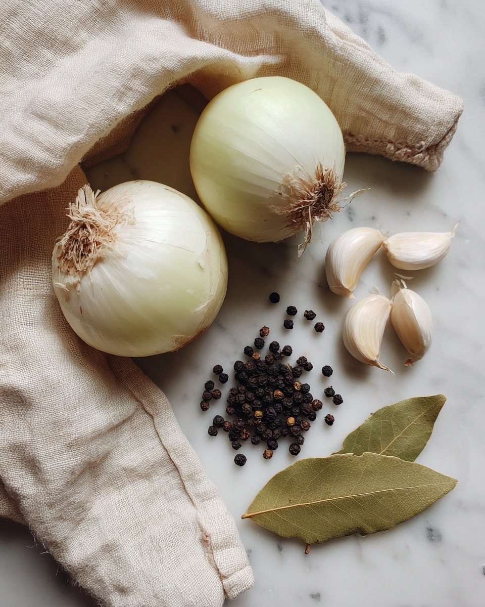 Two halves of a white onion with visible natural layers and root ends are placed on a white marbled surface. Below them, a small pile of black peppercorns forms a small cluster. Nearby, several peeled garlic cloves rest partially inside a light beige cloth bag. Two dried bay leaves are also laid flat on the white marbled background. photo taken with an iphone --ar 4:5 --v 7
