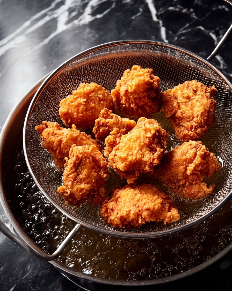 A round metal skimmer holds eight pieces of fried chicken, each piece golden brown with a rough, crispy texture. The pieces vary in size and shape, showing some irregular edges and crunchy bumps. The skimmer is held above dark oil with bubbles indicating hot frying. The background features a white marbled texture, contrasting with the warm hues of the chicken and the dark oil. photo taken with an iphone --ar 4:5 --v 7