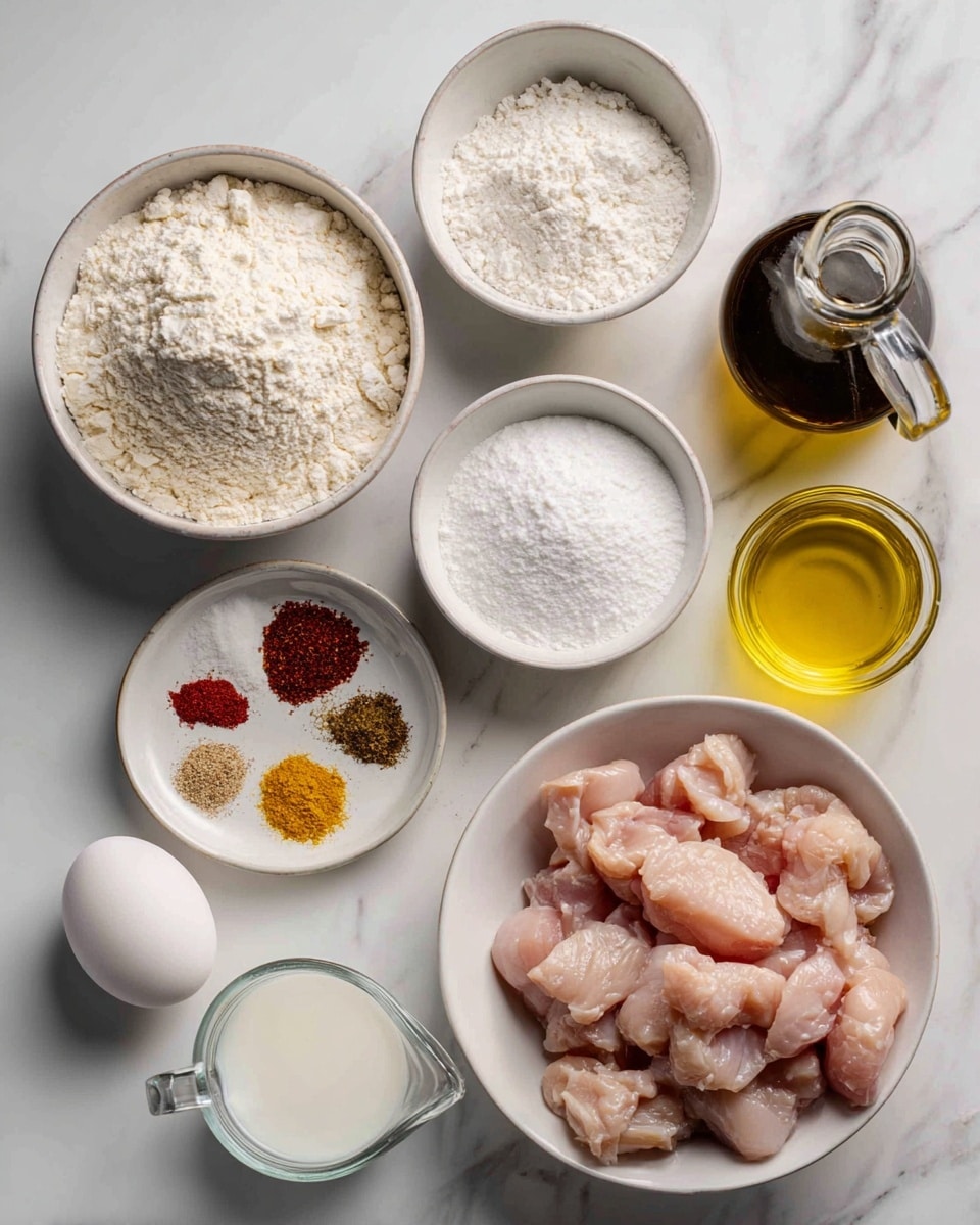 The image shows several white bowls and containers on a white marbled surface, each holding different cooking ingredients. Starting from the top left, a white bowl contains white cornstarch powder, next to it is a smaller white bowl with white salt. Below these, another white bowl holds white flour. In the middle, a small white bowl has a mix of seasonings including light brown, dark brown, yellow, and red powders. A single white egg rests in a small white bowl to the right. Below the seasonings, a small white bowl contains white powdered sugar. To the right side, a larger white bowl filled with small chunks of light pink chicken sits next to a clear glass measuring cup with white milk. Above that, a black small container holds dark brown vinegar, and a large transparent bottle filled with golden yellow peanut oil stands at the top right. All items are neatly arranged with clear labels identifying each ingredient. photo taken with an iphone --ar 4:5 --v 7