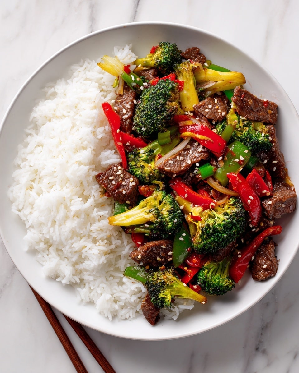 A round white plate holds a layer of fluffy white rice evenly spread out as the base. On top, there is a colorful stir-fry made of small chunks of brown cooked beef mixed with green broccoli, red and green bell peppers, yellow onions, and small pieces of red chili. The vegetables look fresh and slightly glossy from the sauce coating them. A few sesame seeds are sprinkled over the stir-fry, adding texture. The plate is placed on a white marbled surface, and a pair of wooden chopsticks rests next to it. photo taken with an iphone --ar 4:5 --v 7
