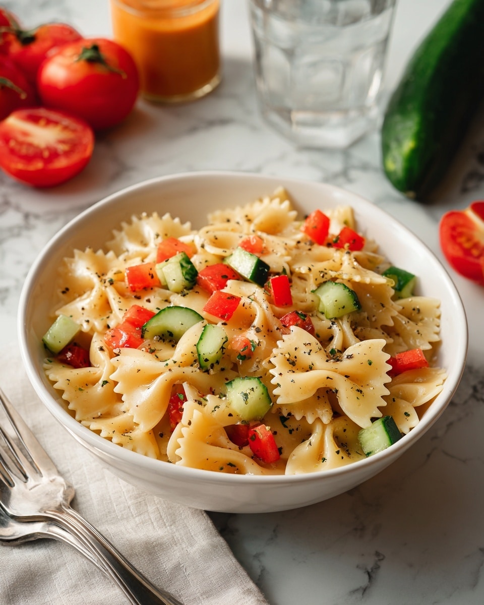 The image shows a small white bowl filled with farfalle pasta salad made of creamy beige bowtie-shaped pasta mixed with bright red tomato chunks and light green cucumber pieces. Behind it, there is a white bowl with more pasta and a dark spoon, partially out of focus. To the left, a clear glass jar filled with orange-colored dressing sits on a white and yellow striped cloth on a white marbled surface, and some fresh red tomatoes are placed nearby. Photo taken with an iphone --ar 4:5 --v 7