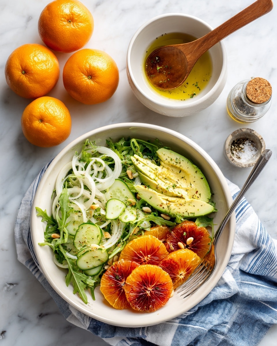 A salad is shown in a white bowl with layers of green arugula leaves, thin white slices of fennel, and small green cucumber slices spread throughout. On top, there are bright orange and red citrus slices, including blood orange and mandarin, arranged side by side. Sliced avocado with a smooth, light green texture lies on one side, sprinkled with small green herbs. There are light brown toasted pine nuts scattered on the salad. A silver fork rests on the salad bowl. In the background, a larger white bowl holds more salad with a wooden spoon inside. Around the bowls on a white marbled surface are three whole mandarins, a clear glass small jar of olive oil with a cork stopper, and a salt and pepper set. A blue and white striped cloth is partly under the small bowl. Photo taken with an iphone --ar 4:5 --v 7