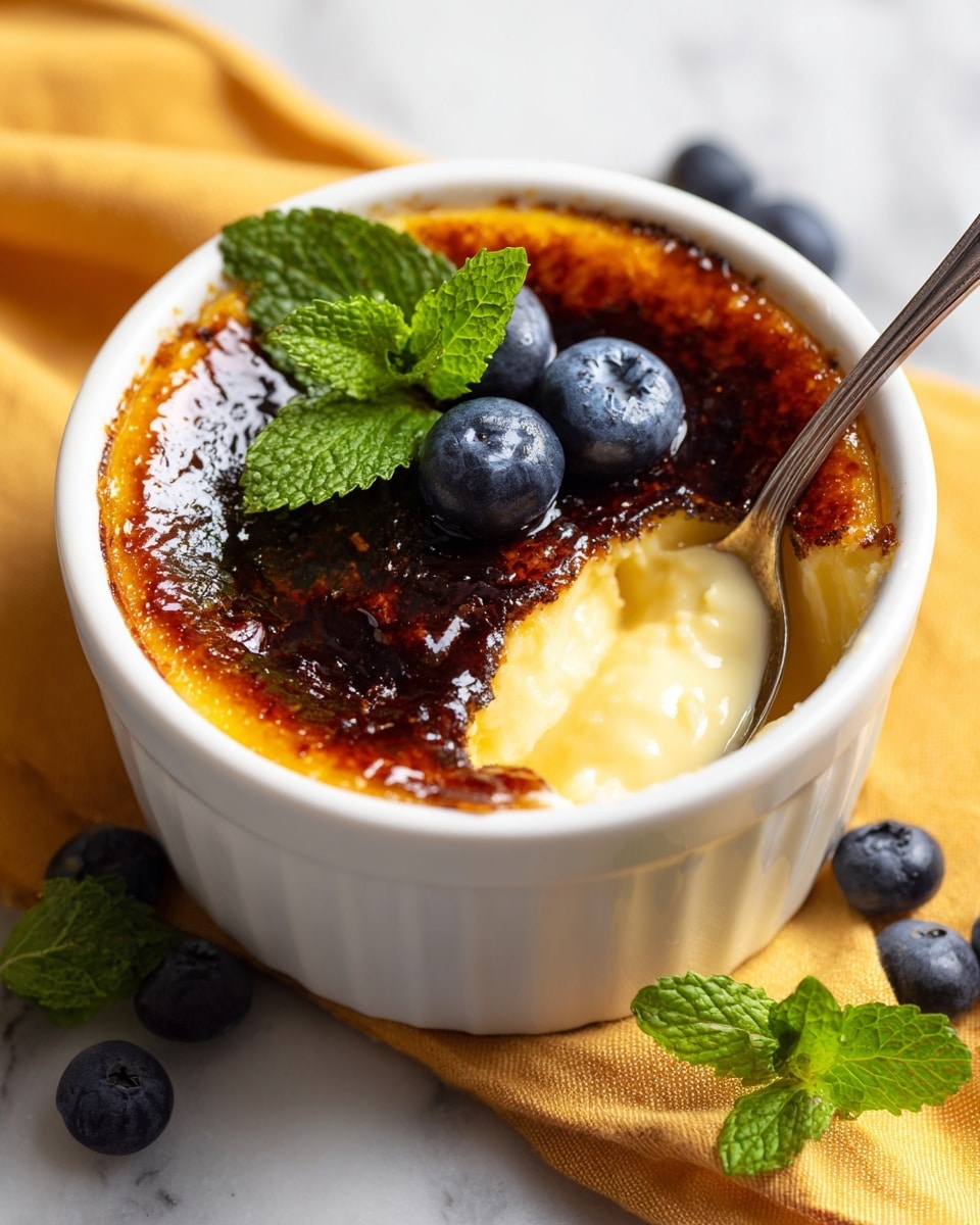 A white bowl holds a dessert with three main layers: the top layer is a dark brown caramelized sugar crust cracked and shiny, underneath is a creamy pale yellow custard layer, and the bottom is not fully visible but smooth. On top of the caramel layer, three fresh blueberries and a green mint leaf add color and freshness. A silver spoon is scooping out a piece, showing the custard’s soft texture below the caramel crust. The bowl sits on a white marbled surface partly covered by a yellow cloth with more blueberries and mint leaves scattered around. Photo taken with an iphone --ar 4:5 --v 7