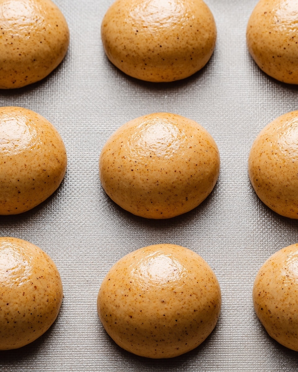 The image shows multiple round, smooth, light brown batter blobs placed evenly on a textured light gray baking mat. Each blob is about the same size, slightly raised with a glossy, almost shiny surface, and contains tiny dark specks. The blobs are arranged in neat rows with some space between them, sitting flat on the mat and waiting to be baked. The background is simple and clean, giving focus to the batter blobs. photo taken with an iphone --ar 4:5 --v 7