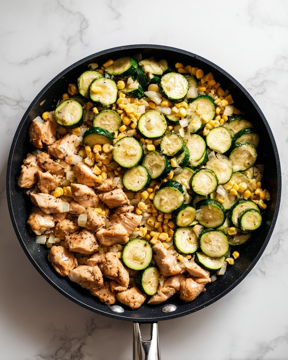 A black frying pan filled with a dish that has three main layers. The bottom layer shows pieces of cooked chicken with a light brown color, spread evenly across the pan. On top of the chicken, there is a layer of small yellow corn kernels scattered in clusters. The top layer contains slices of green zucchini, placed evenly and overlapping slightly, with some bits of cooked onion mixed among the zucchini slices. The texture of the zucchini looks soft and slightly seasoned. The pan is set on a white marbled surface. photo taken with an iphone --ar 4:5 --v 7
