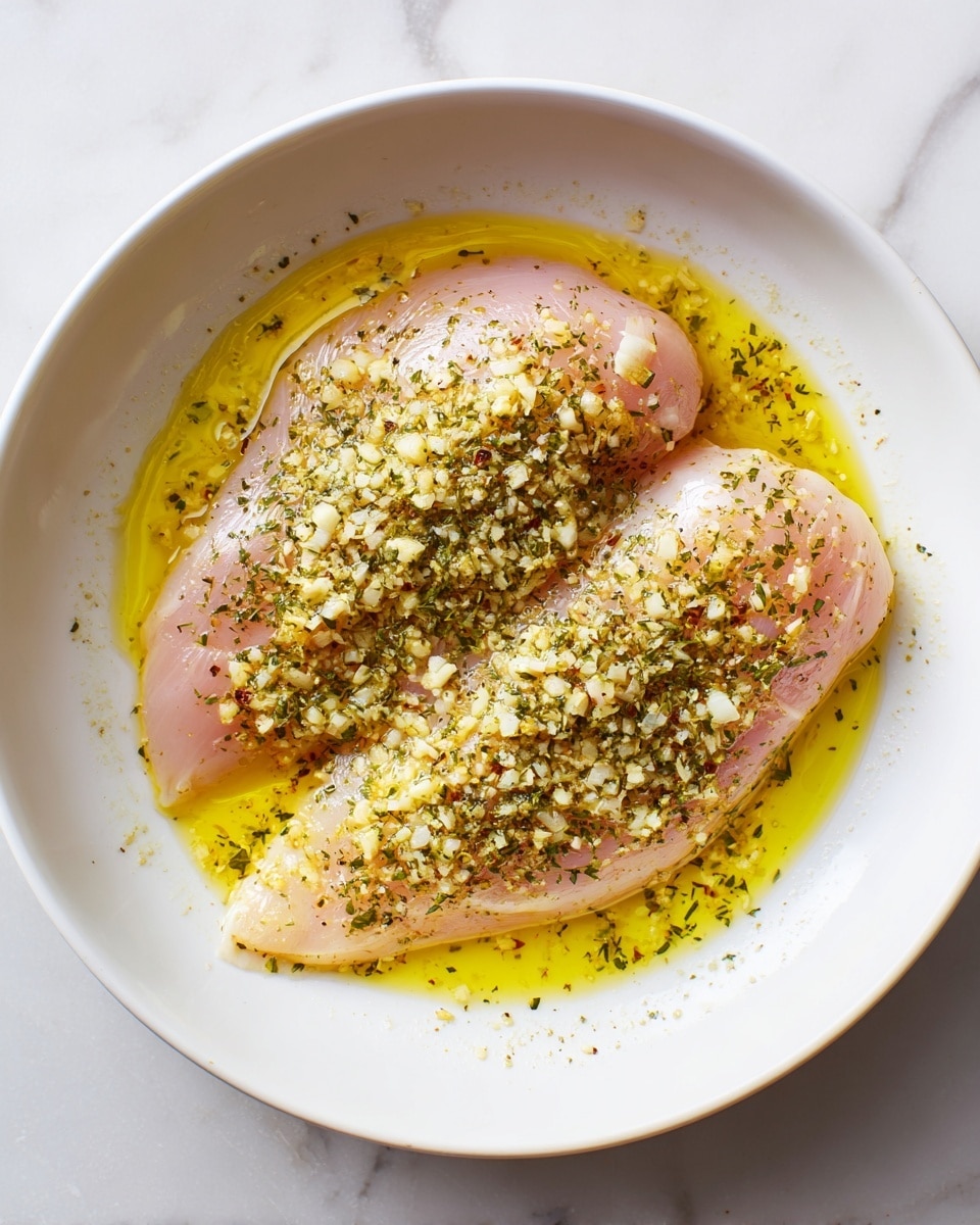 The image shows two raw pale pink chicken fillets placed flat in a white shallow bowl. The fillets are covered with a thick layer of yellow oil or marinade mixed with small bits of white garlic and sprinkled with green dried herbs evenly spread over the surface. The bowl is set on a white marbled surface, and the overall look is fresh and ready for cooking. photo taken with an iphone --ar 4:5 --v 7