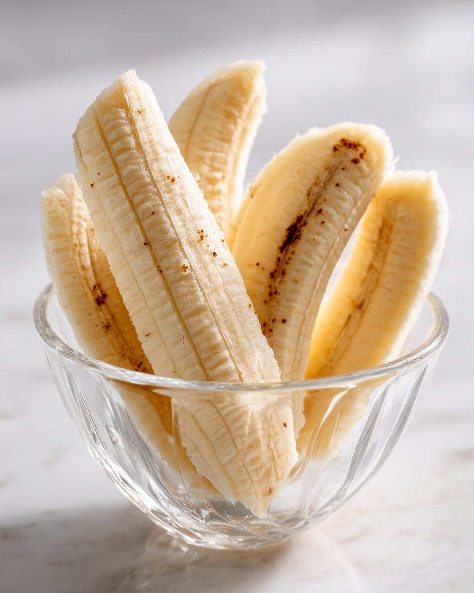 A close-up image shows several peeled banana slices arranged upright inside a clear glass bowl. The bananas are pale yellow with some brown spots, and their textured surfaces are visible. The bowl is set on a white marbled surface that adds a clean, bright background to the image. The lighting highlights the soft and natural look of the bananas, focusing closely on their details. photo taken with an iphone --ar 4:5 --v 7