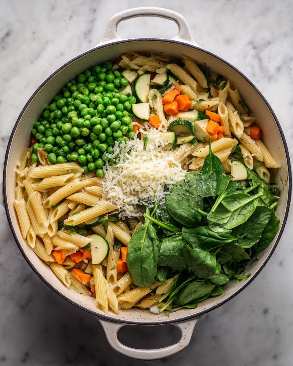 In a white pot on a white marbled surface, there is a mixture of cooked penne pasta with small orange carrot pieces and sliced green zucchini spread evenly in the pot. On top of this pasta layer, on the left side, is a pile of frozen green peas with a frosty texture. In the middle, there is a mound of white grated cheese, and on the right side, there is a heap of fresh bright green spinach leaves. The pot has visible handles and slightly dark trim around the edge. Photo taken with an iphone --ar 4:5 --v 7