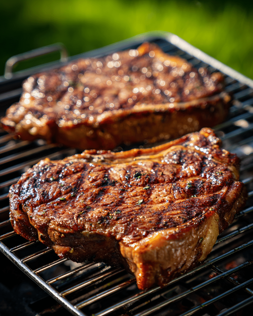 Two large pieces of grilled steak sit side by side on a metal grill rack under bright sunlight. Each steak has a rich brown color with visible grill marks, showing a mix of darker brown and lighter caramelized areas. The texture looks slightly rough with some areas showing natural juices and slight charring. The grill itself is clean and silver, and green grass is visible in the background beyond the grill. photo taken with an iphone --ar 4:5 --v 7