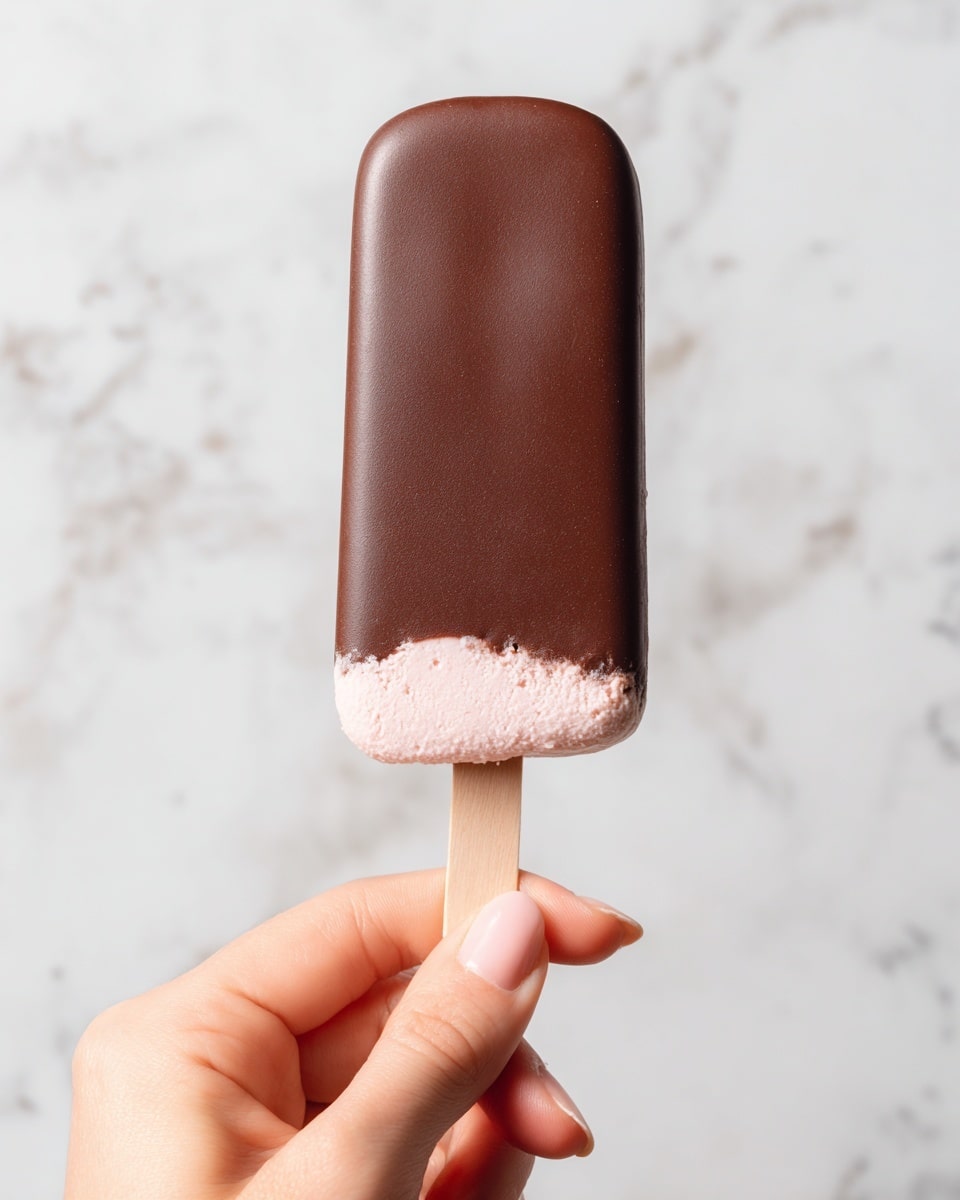 A close-up image of a chocolate-covered ice cream bar held by a woman's hand gripping the light wood stick at the bottom. The ice cream bar has two main visible layers: a smooth, shiny dark brown chocolate coating on top, and a slightly frosty, pale pink ice cream layer underneath where the chocolate ends at the bottom. The background is a clean white marbled texture. photo taken with an iphone --ar 4:5 --v 7