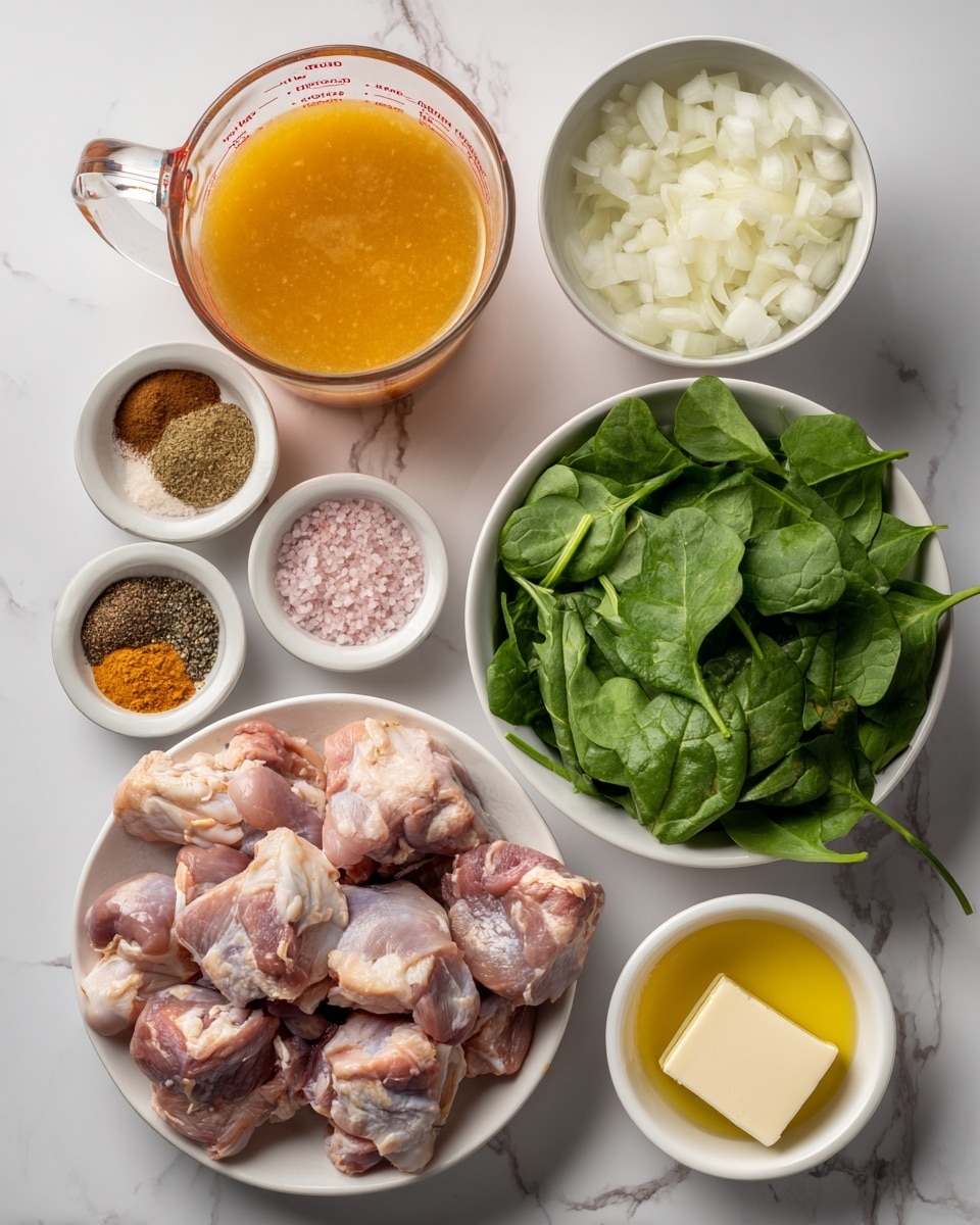 The image shows raw chicken pieces in a white bowl at the bottom center. Above it, slightly to the right, is a white bowl filled with fresh green spinach leaves. To the left of the spinach, there is a small white bowl with mixed spices in different colors: brown, pink, black, and white. Above the spices, there is a glass measuring cup filled with orange-colored liquid, possibly broth. To the right of the broth, a white bowl contains chopped white onions, and above it is a smaller white bowl with minced garlic. Near the bottom right corner, there is a small white bowl with a few pieces of butter and another small white bowl with a yellow liquid, likely oil. All these bowls are placed on a white marbled surface. photo taken with an iphone --ar 4:5 --v 7