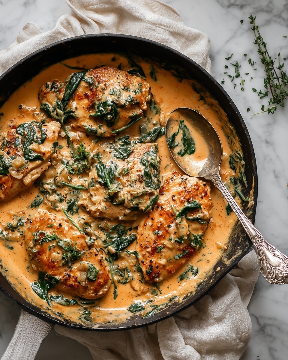A black skillet holds four pieces of cooked chicken partially covered by a thick, creamy light orange sauce with small chunks of onion mixed in. Dark green wilted spinach leaves are scattered on top and in the sauce around the chicken. A silver spoon with a detailed handle rests on the skillet's edge, partially submerged in the sauce, with some spinach leaves on it. The skillet sits on a cream cloth on a white marbled surface with some small green herb sprinkles around. Photo taken with an iphone --ar 4:5 --v 7