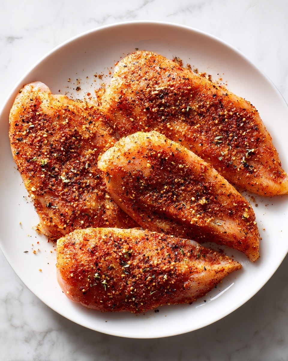 The image shows four raw chicken fillets laid flat in a white plate on a white marbled surface. Each fillet is thin and covered with a layer of spice mix that has a reddish-brown color with black pepper flakes spread evenly across the top. The spices give the chicken a textured look with some areas more densely coated than others. The plate is filled enough that the fillets slightly overlap, and the edges of the fillets have a slight pinkish tint showing through the spices photo taken with an iphone --ar 4:5 --v 7