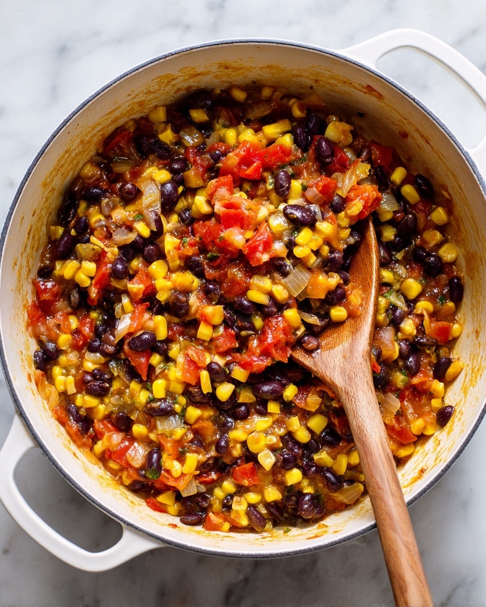 A white pot filled about three-quarters full with a colorful mix of cooked black beans, bright yellow corn kernels, diced red tomatoes, and translucent cooked onions. The mixture has a soft, slightly glossy texture with small bits of diced vegetables evenly spread throughout. A wooden spoon is resting on the right side inside the pot, partially submerged in the mix, showing some of the ingredients picked up on its surface. The pot's inside rim shows a light residue of red sauce from the cooking. The whole is set on a white marbled surface. photo taken with an iphone --ar 4:5 --v 7