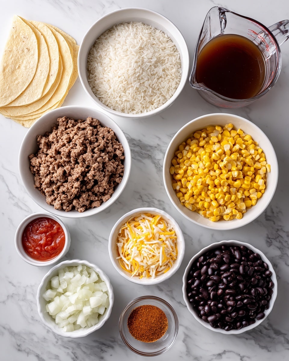 The image shows several white bowls and a clear glass measuring cup arranged on a white marbled surface, each holding different ingredients. Starting from the top left, there are folded light yellow flour tortillas, next to a bowl filled with uncooked white rice. To the right, the clear measuring cup contains dark brown beef broth. Below, a large white bowl holds cooked brown ground beef. Next to it, another white bowl is half-filled with bright yellow corn kernels and half with dark black beans. In the bottom row, there is shredded Mexican blend cheese in a white ramekin, diced white onion in a white bowl, chunky red salsa in a white ramekin, and finally a small clear bowl contains orange taco seasoning powder. All elements are arranged neatly showing their colors and textures clearly. Photo taken with an iphone --ar 4:5 --v 7
