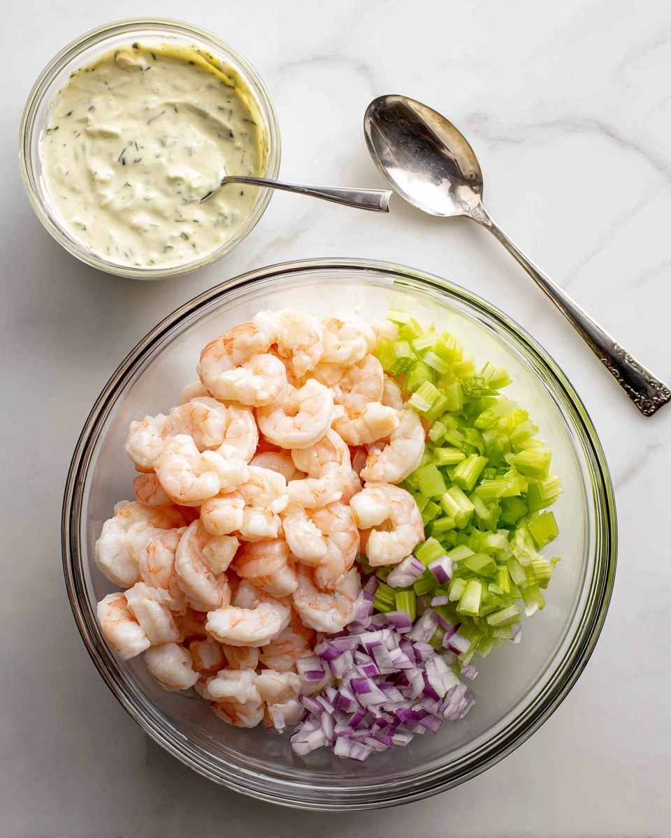 A large clear glass bowl with three main visible layers: on the bottom, a pile of pink and white cooked shrimp; on top of the shrimp to the left side, small green chopped celery pieces; near the celery, small purple chopped onion pieces; on the right side, a thick creamy white sauce with specks of herbs is being poured from a smaller clear glass bowl. A silver spoon rests beside the bowl on a white marbled surface. Photo taken with an iphone --ar 4:5 --v 7