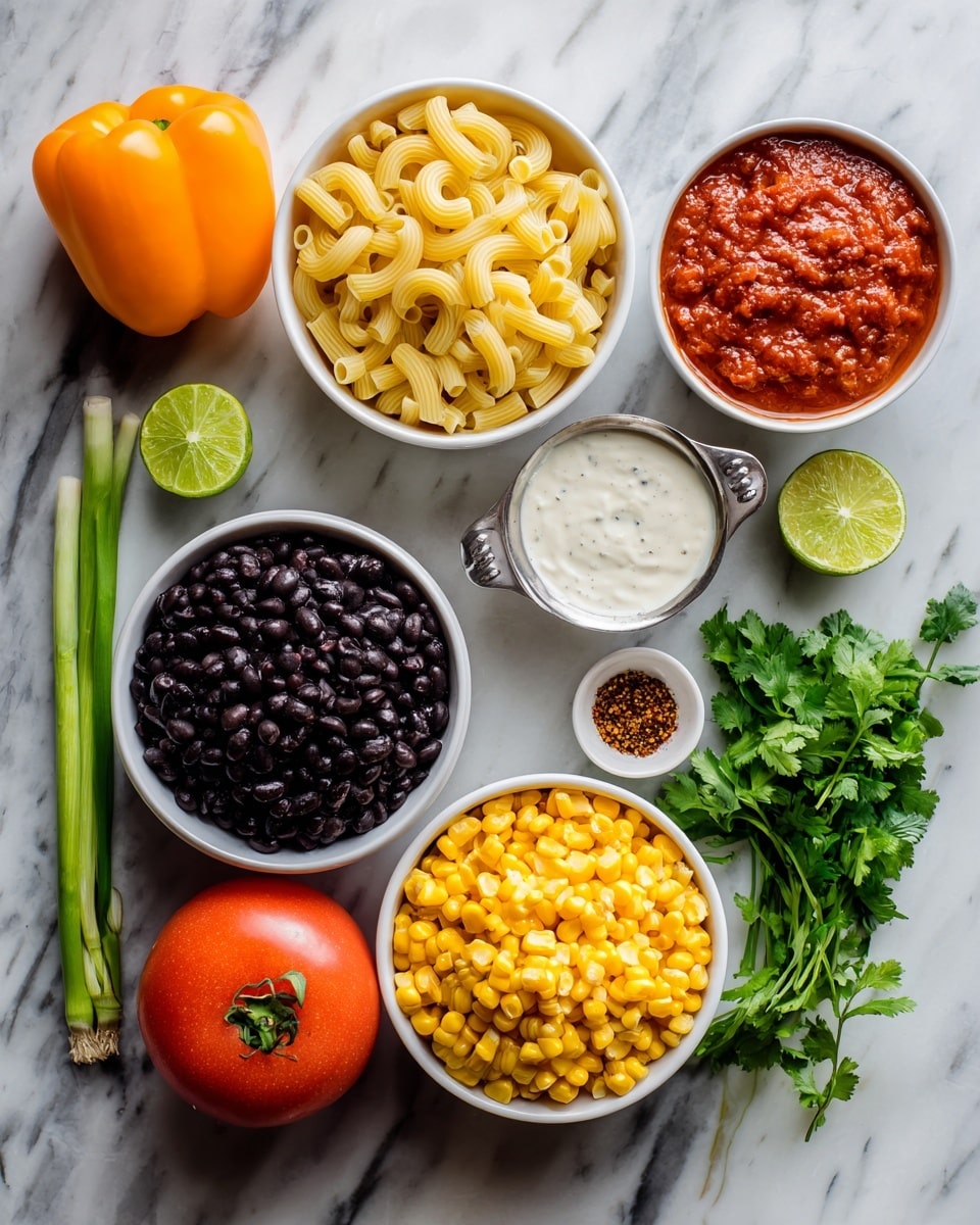 A group of ingredients is arranged on a white marbled surface, including a whole orange bell pepper, a white bowl filled with yellow uncooked elbow pasta, a white bowl with dark cooked black beans, and a white bowl holding bright yellow corn kernels. There is also a bright red Roma tomato, a few green scallions laying horizontally, and fresh green cilantro leaves spread around. Two metal measuring cups contain creamy white sauce and chunky red salsa, while a small white bowl holds a half lime sitting face up next to a tiny white bowl with mixed spices of reddish brown and white salt. The colors include orange, yellow, red, green, black, and white, all set against the neutral marbled background. photo taken with an iphone --ar 4:5 --v 7